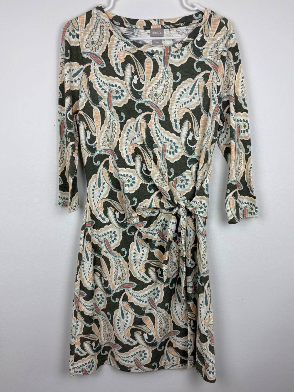 NWT Chico's Paisley Faux Wrap T-Shirt Dress Size 8/10 Office Casual Weekend Chic